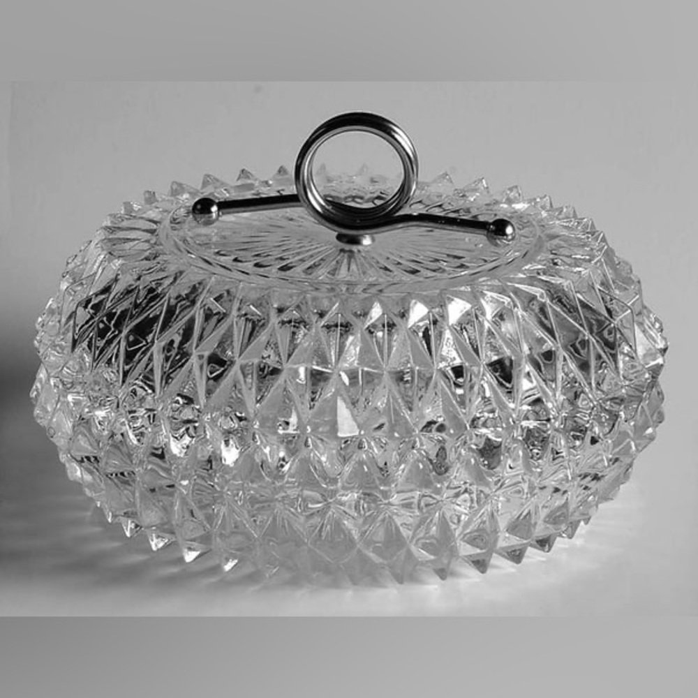 Indiana Glass Diamond Point Clear Candy Dish with Metal Accent